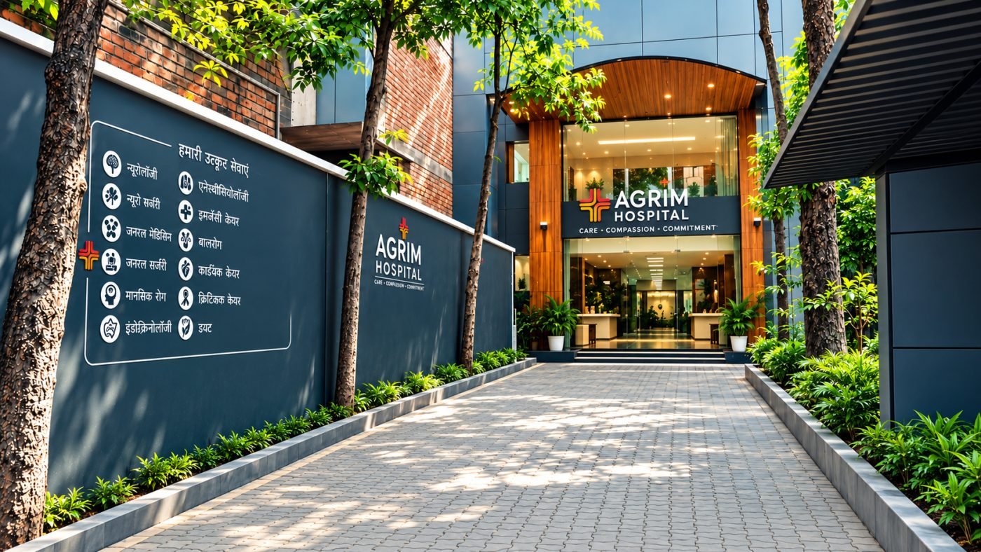 Agrim Hospital main entrance in Ravindrapuri, Varanasi