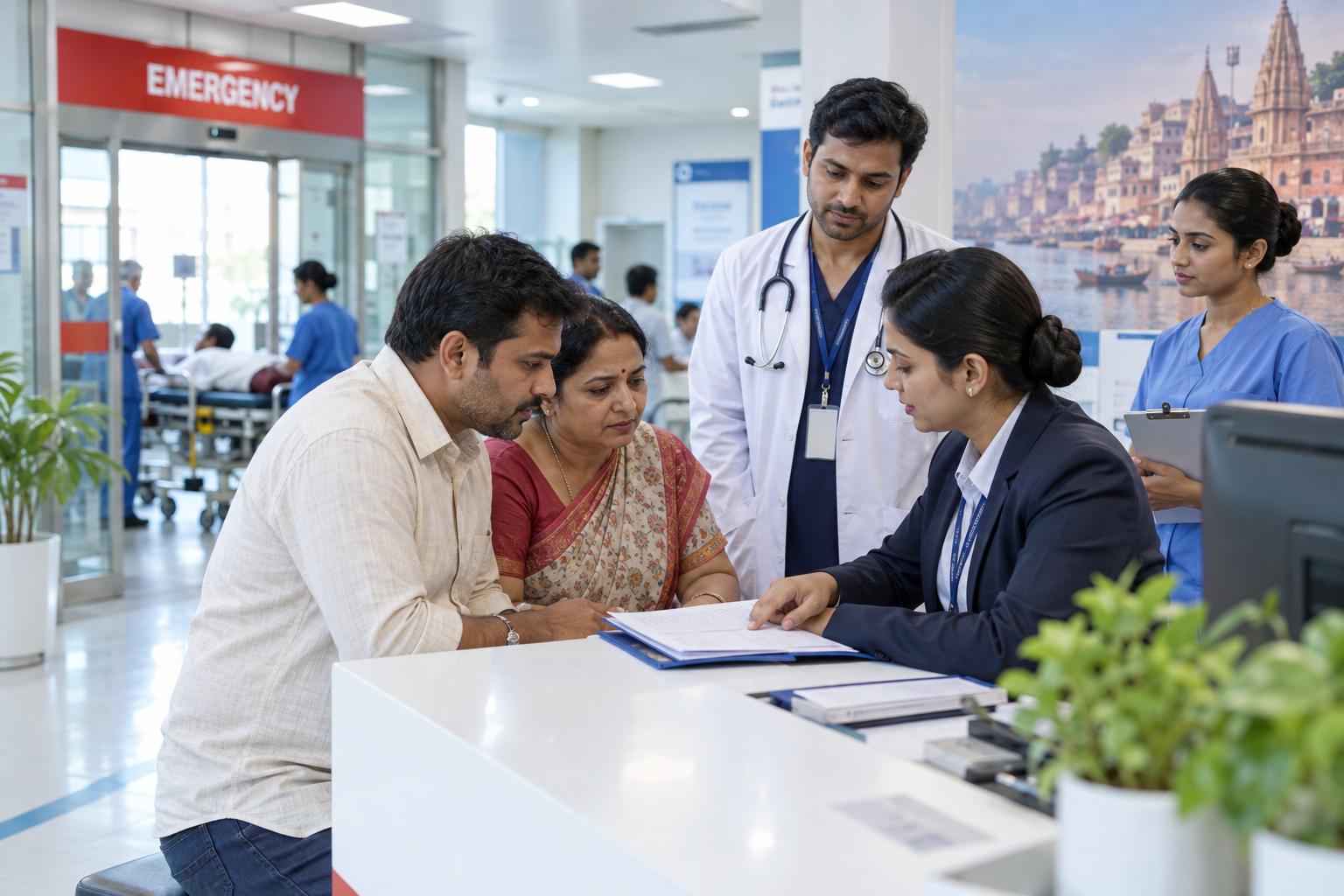 Hospital coordinator helping a family with emergency admission and cashless support in Varanasi