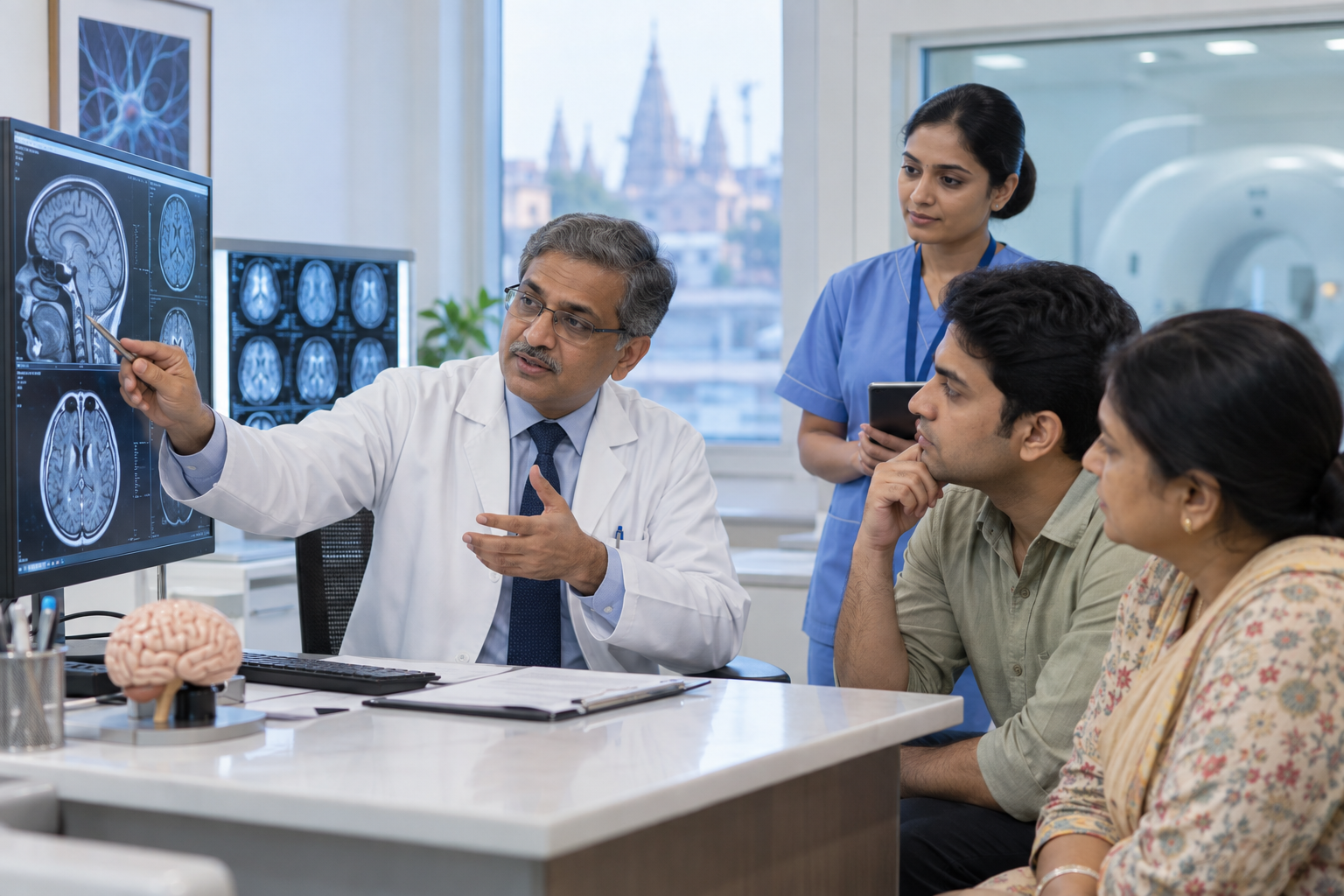 Neurologist explaining a brain scan to a patient and family at Agrim Hospital Varanasi