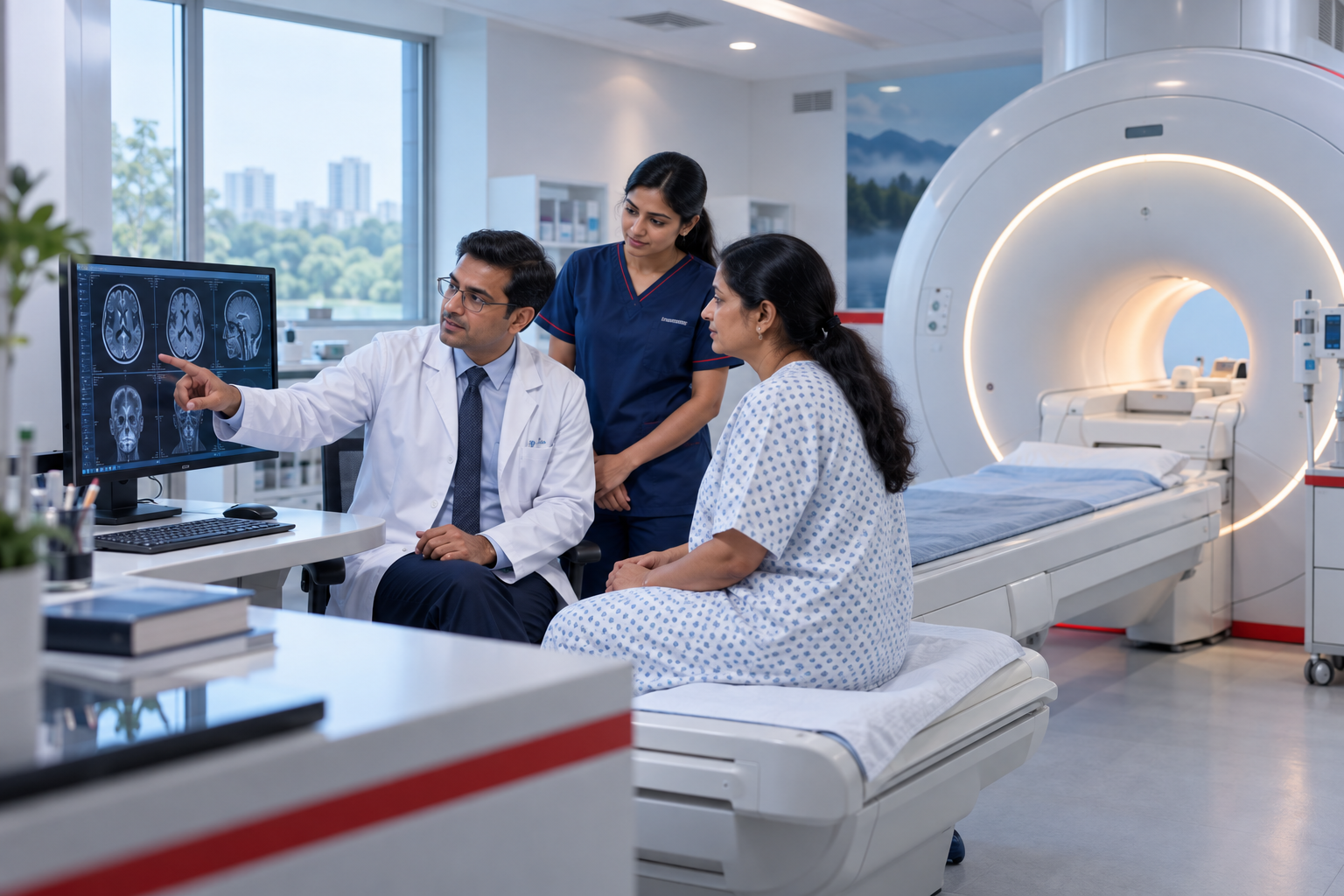 Doctor explaining diagnostic imaging results to a patient at Agrim Hospital in Varanasi
