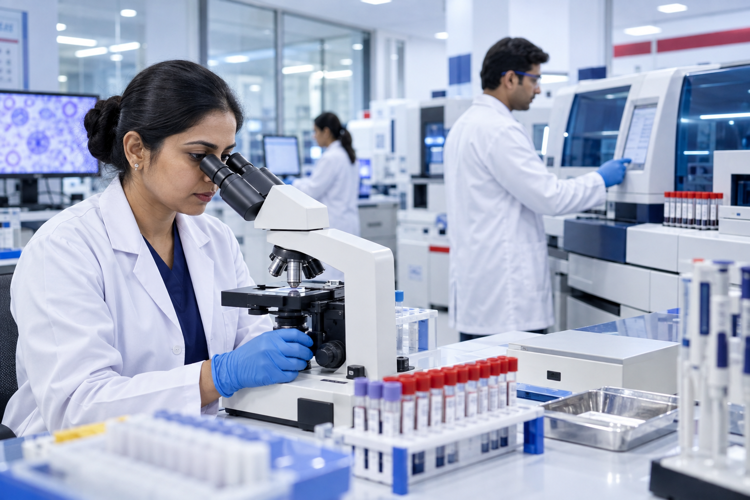 Pathologists working in the modern laboratory at Agrim Hospital in Varanasi